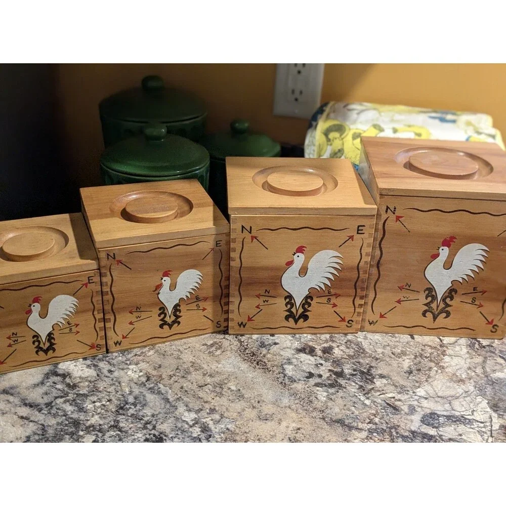 Rooster Weathervane Hand Painted Wood Canister Set Redbird Line Japan S + P